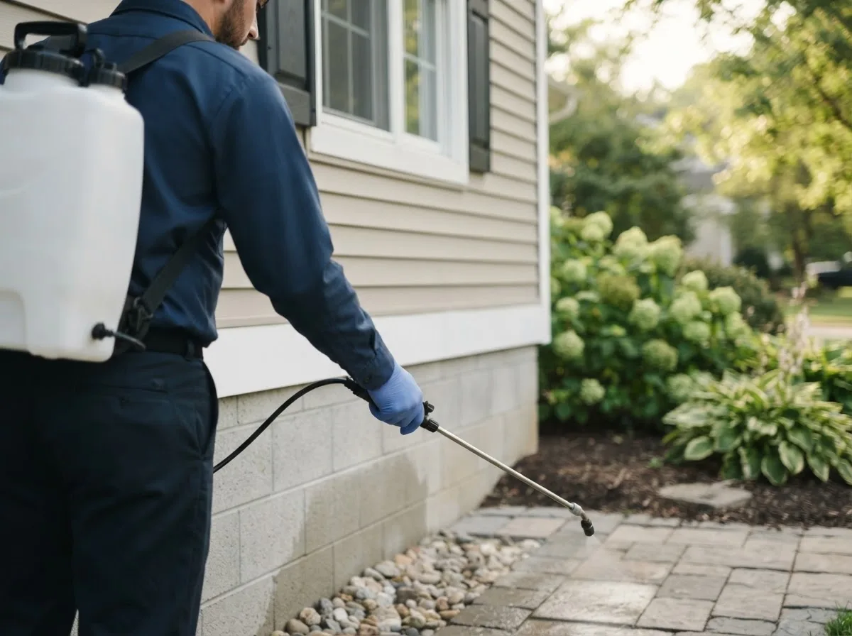 Pest control technician inspecting a home in Jenera, OH